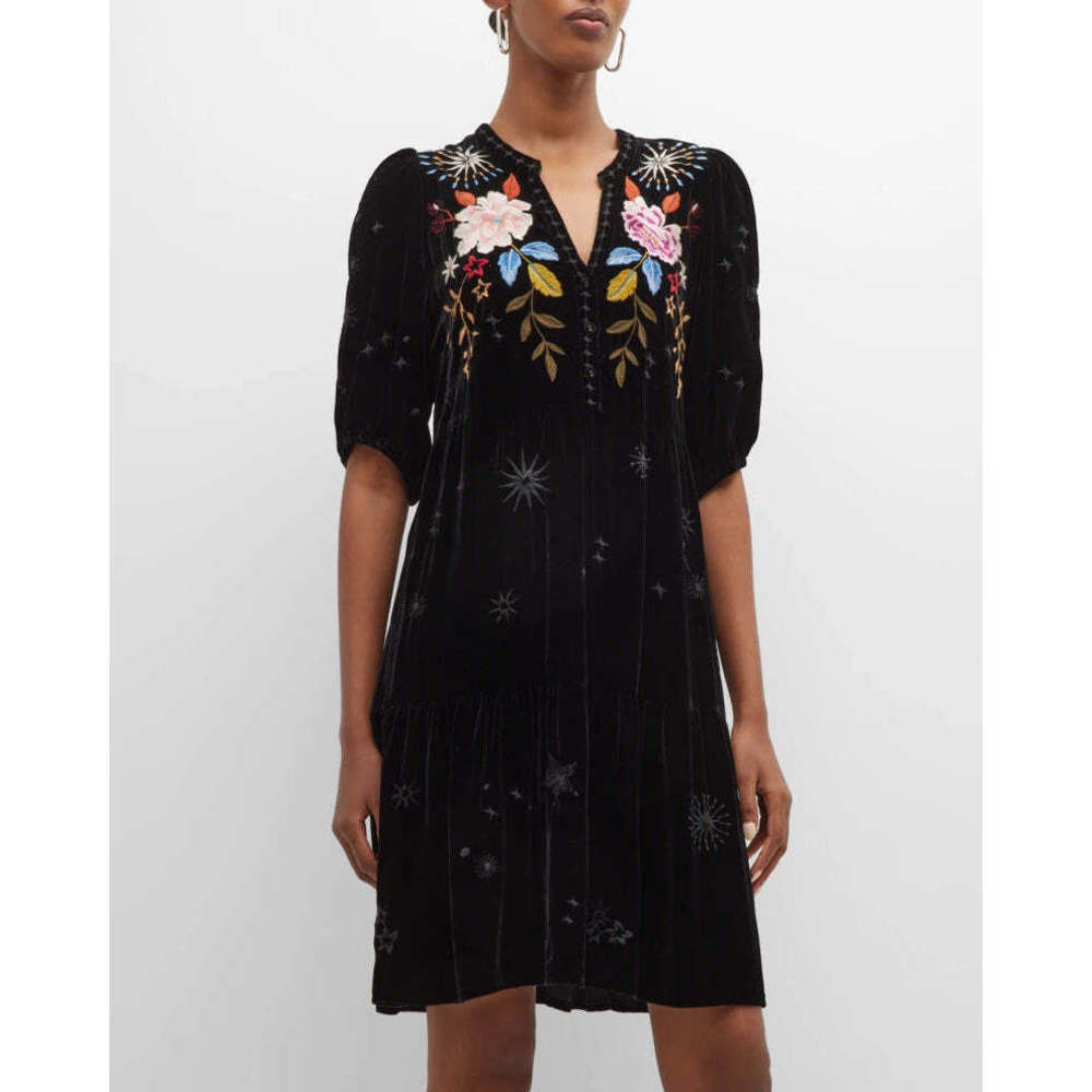 Johnny Was Celestine Velvet Puff Sleeve Floral Black Dress Flowers Embroidery NW